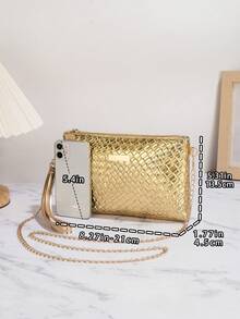 1pc Gold Crocodile Embossed PU Minimalist Clutch Bag With Metal Chain Shoulder Strap & Coin Purse - Gold - View 4