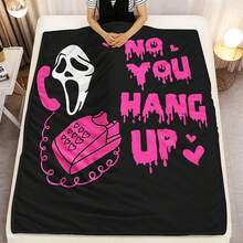 1 件舒适法兰绒毯子，带有经典鬼脸、复古电话和“NO YOU HANG UP”文字，结合恐怖和别致风格，适合电影迷或独特装饰追求者、卧室装饰、野餐、旅行、羊毛毯、床毯、毛绒毯、休闲毯、秋季毯、夏季被子 - 彩色 - 查看 2