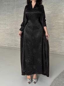 New Middle Eastern Women's Fashion Abaya With Rhinestone Decor, Pullover Long Robe (Random Rhinestone) - màu đen - Xem 2
