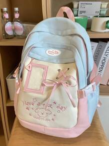 Zaino da donna alla moda, semplice e versatile, zaino bicolore, adatto per il ritorno a scuola, stile college di nicchia, fiocco nastro casual, zaino da viaggio leggero e piccolo