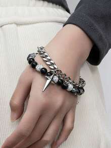 1pc Titanium Steel Double Layer Crackle Beads Bracelet, Unisex Street Hip Hop Style Jewelry Accessory