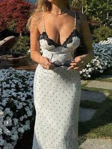 Yuwenier 优雅浪漫 A 字缎面波点印花长裙，蕾丝拼接吊带设计，适合情人节、音乐节、婚礼、度假、海滩等场合，白色夏季 - 白色 - 查看 4