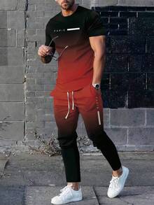 2pcs/Set Men's Premium Soft & Comfortable Ombre Casual Round Neck Short Sleeve Top And Jogger Pants Set, Popular Outfit