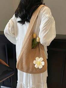 Women's One-Shoulder Woven Tote Bag – Casual Crochet Handbag For Beach, Vacation, School, Or Student Projects, Stylish Summer Shoulder Bag - 彩色 - 查看 11