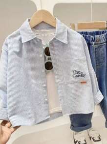 Boys Navy & White Striped Shirt With Letter Embroidery, Cute Pattern, Blue & White Stripes + Pocket Letter, Fashionable And Easy To Match