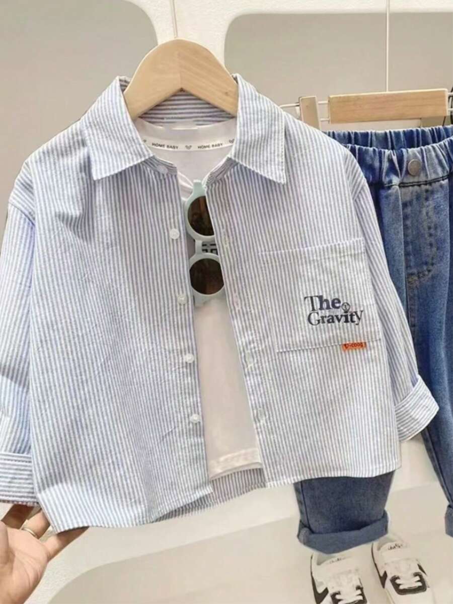 Boys Navy & White Striped Shirt With Letter Embroidery, Cute Pattern, Blue & White Stripes + Pocket Letter, Fashionable And Easy To Match