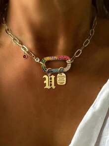 1 pieza Collar con letras A-Z 26 de STYLEVER en color dorado, cadena con colgante ovalado de diamante de colores y cuentas doradas, cadena de acero inoxidable, estilo único y elegante - Dorado - Ver 8