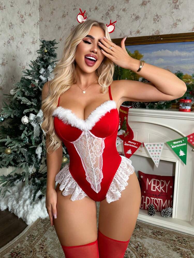 Conjunto de lencería sexy con body de encaje blanco, parches, piel sintética y red, con diadema, para disfraz de Navidad - Rojo - Añade 1