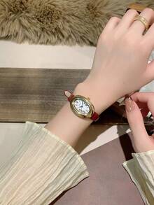 1 chiếc đồng hồ đeo tay nữ hình bầu dục, số La Mã, kiểu dáng thanh lịch, thích hợp đeo hàng ngày. - Đỏ - Xem 6