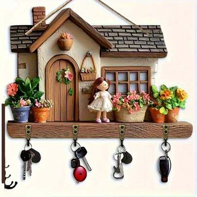 2D Düz Yüzey, 1 Adet 2D Düz Yüzey, 4 Metal Kancalı Sevimli Ahşap Çok Amaçlı Ev Anahtarlık Rafı - Duvar Dekoru, Veranda Dekoru, Oda Dekoru, Villa Dekoru, Her Mevsim Ev Dekoru, 2D Düz