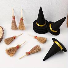 12Pcs Mini Witch Hats Brooms Set Halloween Party Decorations Supplies Witch Hat Broom Party Table Scatter For Halloween Birthday Wedding DIY Crafts