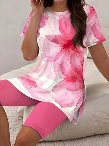 Women's Casual Tropical Floral Print Short-Sleeved Top And Shorts Set, With Side Slits, Fashionable Short-Sleeved Top Paired With Tight Shorts Set - Hồng - Xem 2