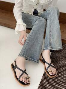 Women's Flat Sandals, Metallic Elegant Party Vacation Casual Beach Cute Fairy Wedding Outdoor Sexy Chinese Style Lovely Comfortable PVC Plastic Buckle Criss-Cross Flat Sandals, Suitable For Beach, Holiday, Wedding, School, Office, Home, Outdoor, Summer - Black - View 5