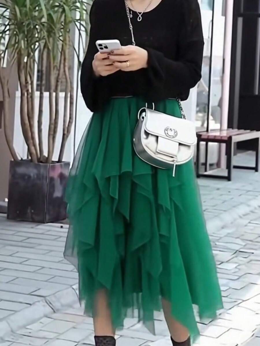 蓬松浓密的不对称网眼薄纱裙，圣诞节多层薄纱蛋糕裙 - 墨綠色 - 查看 1