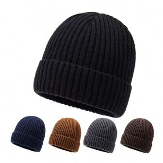 1件秋冬季毛线帽针织帽韩版瓜皮帽纯色护耳帽户外防寒帽加厚毛线帽秋冬季宽松保暖绒冷帽护耳帽冬天女