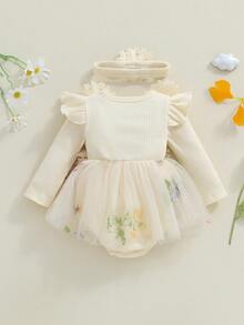 Conjunto de vestido y pelele para niña recién nacida, cuello redondo, manga larga, estampado floral, encaje, tutú, mono con diadema - Caqui - Ver 2
