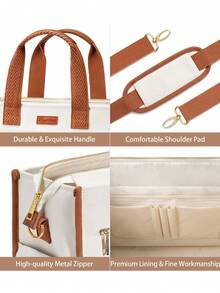 Canvas Tote Bag For Women, 15-Pocket Large Crossbody Handbag Bible Laptop Bag Zipper Bookbag For Teacher Work Travel College - Trắng và Nâu - Xem 6