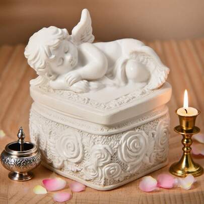 1个复古天使烛台摆件，北欧风格，家居桌面玄关装饰，树脂工艺装饰收纳盒，小型收纳盒，可存放化妆品、戒指、珠宝等。