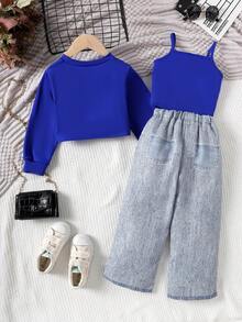 3pcs Toddler Girls' Sweet & Casual Long Sleeve Lightweight Pullover, Sleeveless Tank Top, Denim Effect-Look Pants Set, Spring/Autumn - Royal Blue - View 2