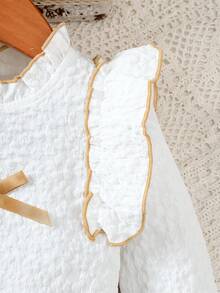 2pcs/Set Baby Girl Outfit, Autumn/Winter Adorable Lady-Like Fashion Ruffle Collar Long Sleeve Top + Bow Decor Skirt Set, Suitable For School Season, Perfect Outdoor Gift - Brown - View 3