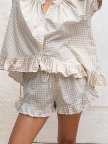 Women Plaid Set, Short Sleeve Ruffled Shirt With Elastic Waist Shorts Summer Outfit - 卡其色 - 查看 4