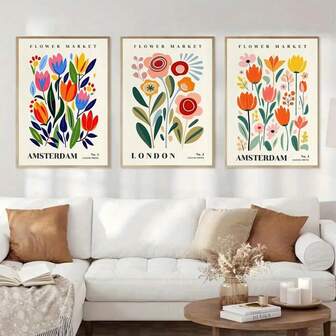 1/3PCS Amsterdam Flower Market Canvas Art Set - Waterproof, Modern Abstract Plant Prints, Suitable For Living Room, Bedroom, Office Decoration - Optional Wooden Frame Wall Hanging