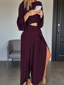 Conjunto Comodo Y Sexy De Dama Con Abertura En Pierna #SensaciónDelujo #EstiloRomanticoDeSanValentín - Vino - Ver 2