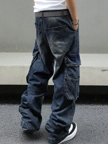 Men's Baggy Denim Cargo Pants Loose Fit Streetwear Wide Leg Workwear Style With Large Side Pockets - 深色水洗藍 - 查看 5