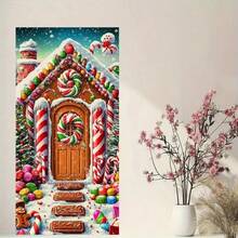 2D Door Hanging Decor, 1pc Christmas Door Hanging Backdrop 35.4x70.8 Inch Vivid Polyester Fiber Holiday Decoration, Featuring Red Star Sky, Gingerbread House And Snowy Landscape Design, No Power Needed, Suitable For Porch, Party, Wedding, Birthday, Front Door And More, 2D Flat Design