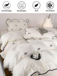 2/3 pièces Set de couette en polyester avec broderie papillon blanc, double volant, parure de lit vintage mignonne pour toutes les saisons, couette respirante et douce (1 couette + 1/2 taie d'oreiller, rembourrage non inclus)