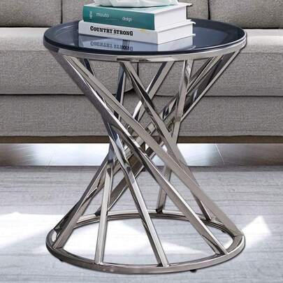 AINPECCA Round Sofa Side Table End Table Small Coffee Table Stainless Steel With Light Grey Tempered Glass Design Living Room