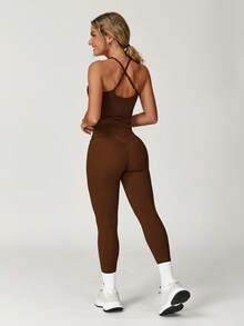 MASKERT "2-Piece Set"Women's Vest Yoga Tight Pants Set, High Stretch Running Sports Set, Comfortable And Skin Friendly - 巧克力棕 - 查看 3