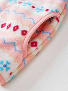 YUHANWOO 女童保暖内衬夹克，新品，粉色费尔岛条纹和甜美印花图案，立领，秋冬加厚保暖防风户外休闲拉链外套