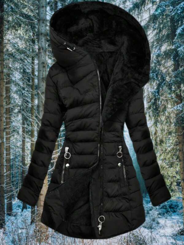 Women's Mid-Length Black Padded Coat, Hooded, Warm, Zipper Pockets, Solid Color Zipper Pockets, Suitable For Autumn/Winter Outings And Dates