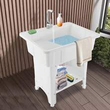 Freestanding Plastic Laundry Sink With Washboard, Indoor And Outdoor Utility Sink With Cold And Hot Water Faucet, Hoses And Drain Kit For Laundry Room, Garage, Basement, Garden - White - View 6