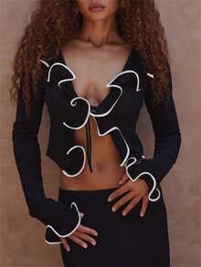 Women's Tie Front Knit Cardigan Solid Color/Contrast Color Long Sleeve Ruffled Cropped Sweater - Black - View 2