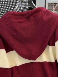 休闲条纹连帽毛绒球套头衫，百搭宽松版型，秋冬 - 酒紅色 - 查看 5