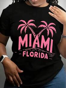 MIAMI Florida Women's T-Shirt - Bold Pink Geometric Print, Comfort Fit, Casual Round Neck Tee With Palm Tree Design, Machine Washable, Allseason Apparel Round Neckline Top Knit Texture - 黑色 - 查看 1