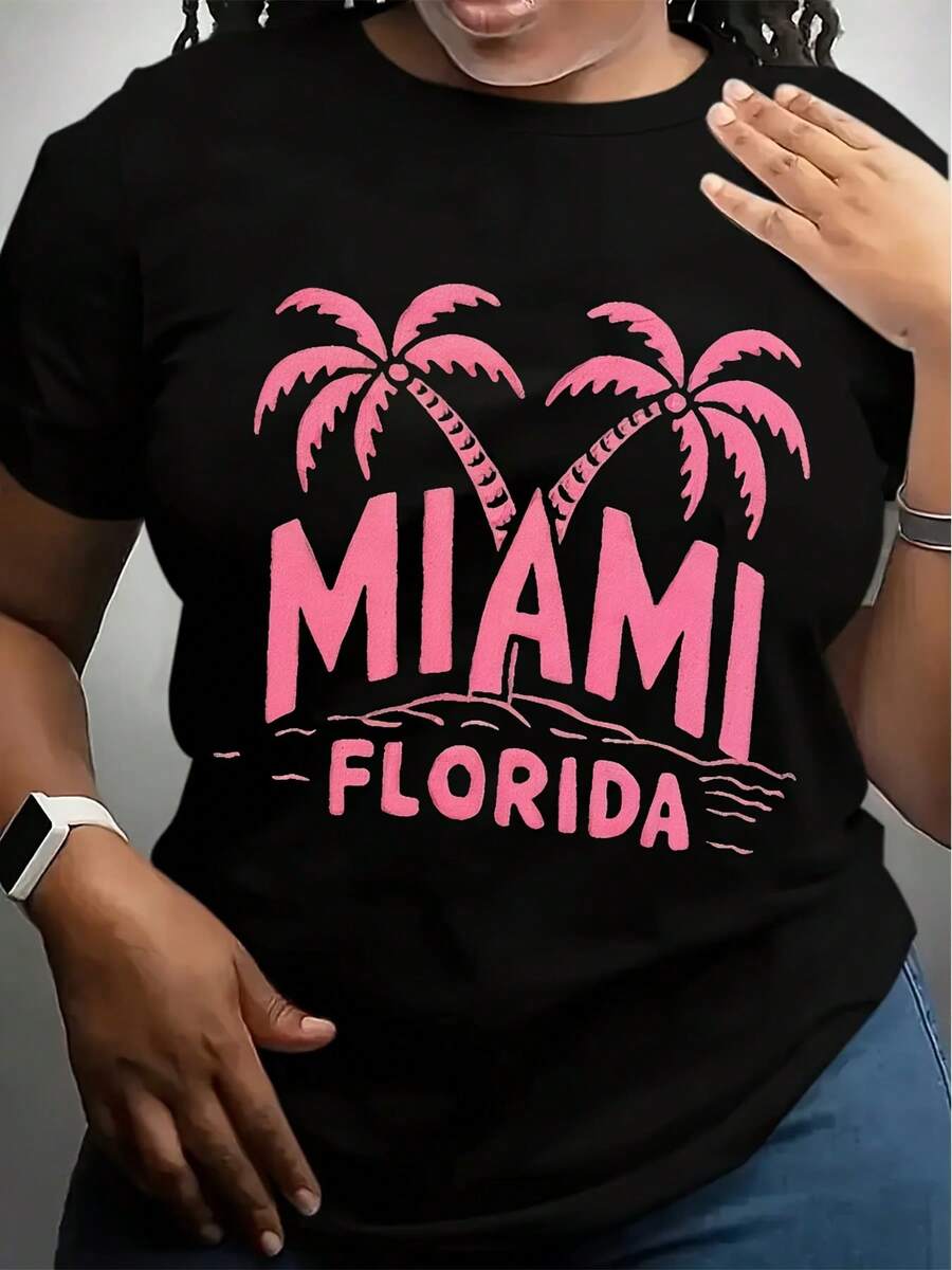 MIAMI Florida Women's T-Shirt - Bold Pink Geometric Print, Comfort Fit, Casual Round Neck Tee With Palm Tree Design, Machine Washable, Allseason Apparel Round Neckline Top Knit Texture - 黑色 - 查看 1
