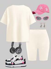 Conjunto informal de 2 piezas de niña preadolescente, conformado por una camiseta de manga corta y pantalones cortos, con un patrón de cereza vintage, apropiado para el verano - Multicolor - Ver 2