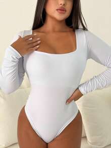 Bodysuit Leotard Shaping Square Neck Long Sleeve Gringa Moda Blogger - trắng - Xem 2