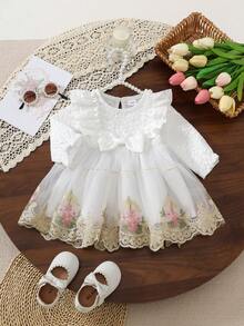 1pc Baby Girl Elegant White Jacquard Long Sleeve Dress With Bow Decor And Embroidery, Mesh Fabric, Suitable For Spring/Autumn - White - View 1