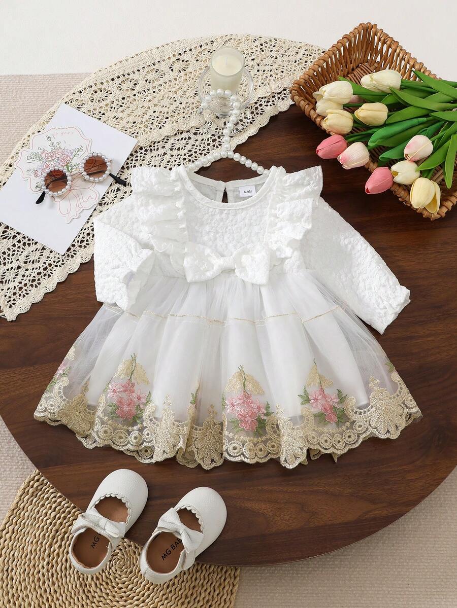 1pc Baby Girl Elegant White Jacquard Long Sleeve Dress With Bow Decor And Embroidery, Mesh Fabric, Suitable For Spring/Autumn - White - View 1