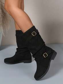 2025 Autunno/Inverno Nuovi stivali con tacco impilato plissettato per donna, stile western con punta affusolata, tacco largo vintage nero, stivali al polpaccio, adatti per feste