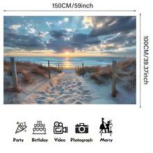 2D Polyester Fiber Beach Sunset Backdrop Banner, Coastal Landscape Wall Decor, Blue Sky & Ocean Theme Party Supplies, Suitable For Indoor & Outdoor Celebrations, Birthday & Anniversary - Multicolor - View 2