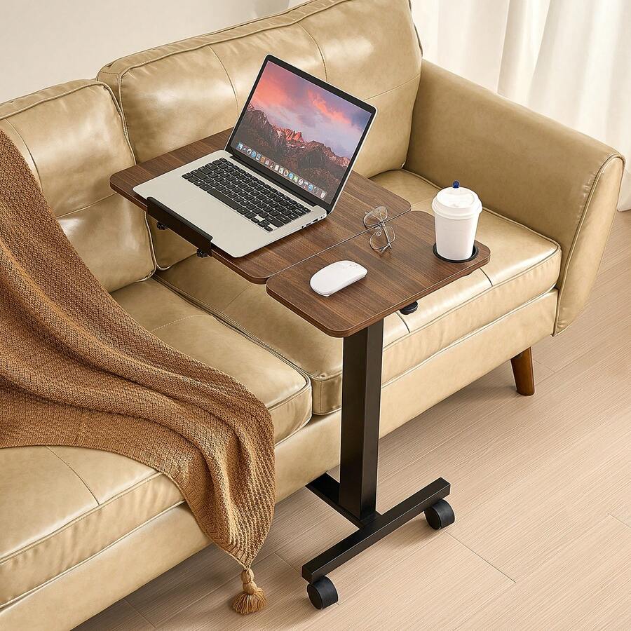 Overbed Table, Mobile Bed Side Table With Flip Desktop And 4 Wheels, Height & Angle Adjustable Rolling Laptop Desk With Cup Holder, Portable Over Bed Desk For Home, Office, Study, Wood + Black - 黑色 - 查看 1