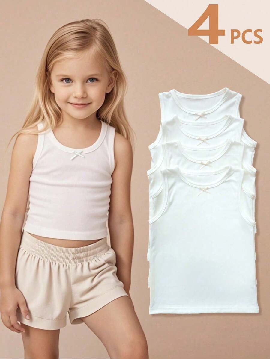 4pcs Girls Cute White Bow Camisole, Suitable For Girls To Wear As Undershirt Or Outerwear, All Seasons - White - View 1