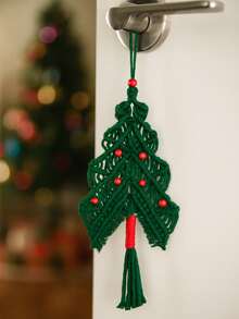 1pc Christmas Green Macrame Tree Decoration, Handwoven Christmas Ornament With Red Beads And Tassels, Christmas Tree Holiday Doorknob Hanger, Holiday Home Decor, Christmas Party Decoration, Mantel Decoration Christmas Decorations Room Decor Winter
