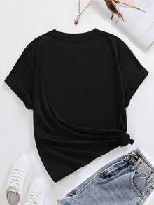 Camiseta casual negra para mujer, 100% algodón con estampado de lazo blanco, camiseta de manga corta con cuello redondo casual y cómoda, ropa de primavera y verano, adecuada para cualquier ocasión, color sólido, casual, uso diario. - Negro - Ver 3