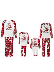Christmas Family Pajamas Matching Set Elk Print Long Sleeve Tops And Red Plaid Pants Sleepwear - Đỏ - Xem 2